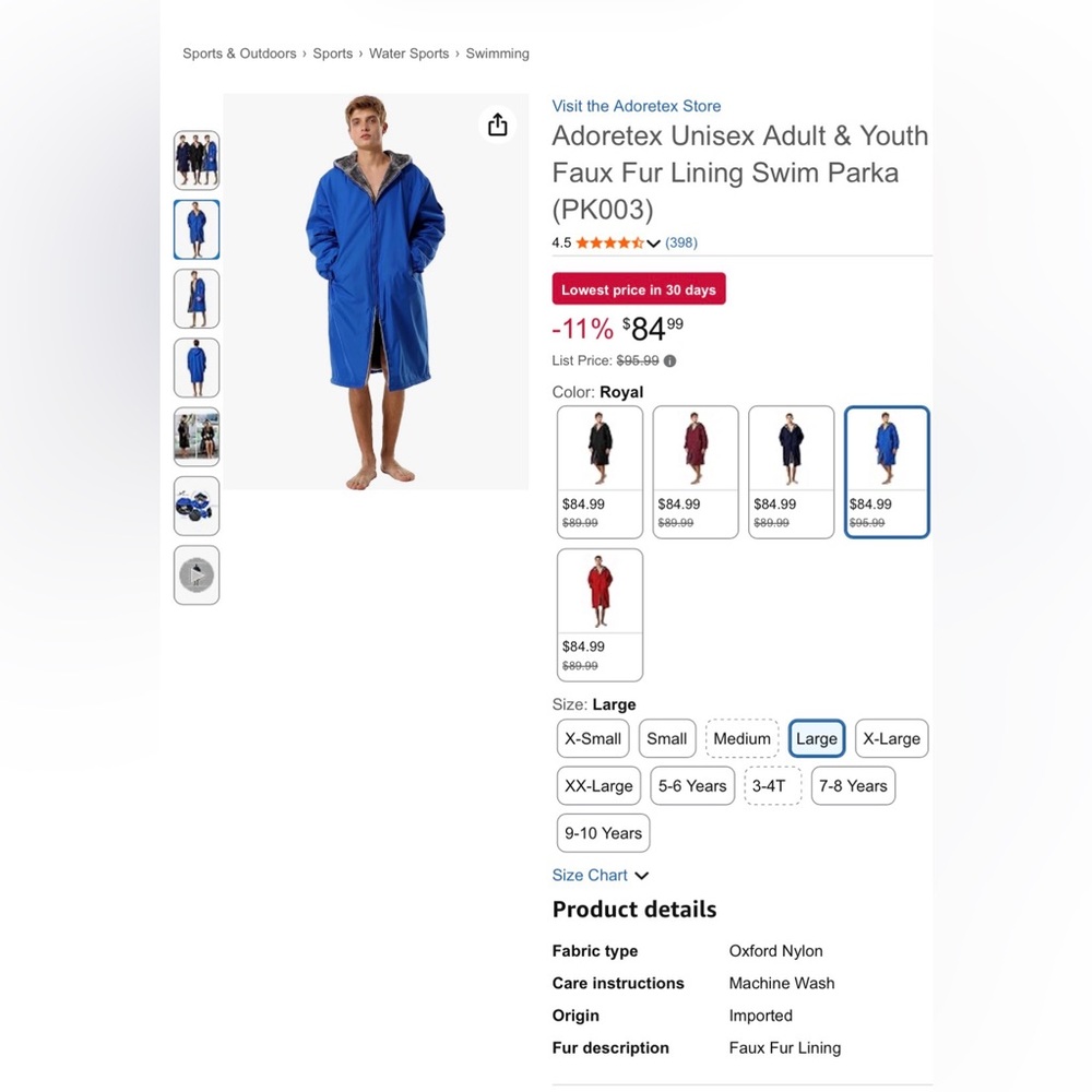 Adore adult large  Royal Blue Swim parka faux fur lining Coverup